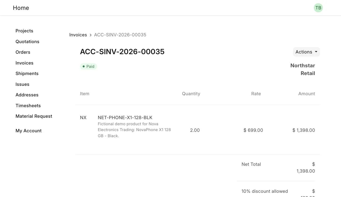 Paid Sales Invoice on the Customer Portal