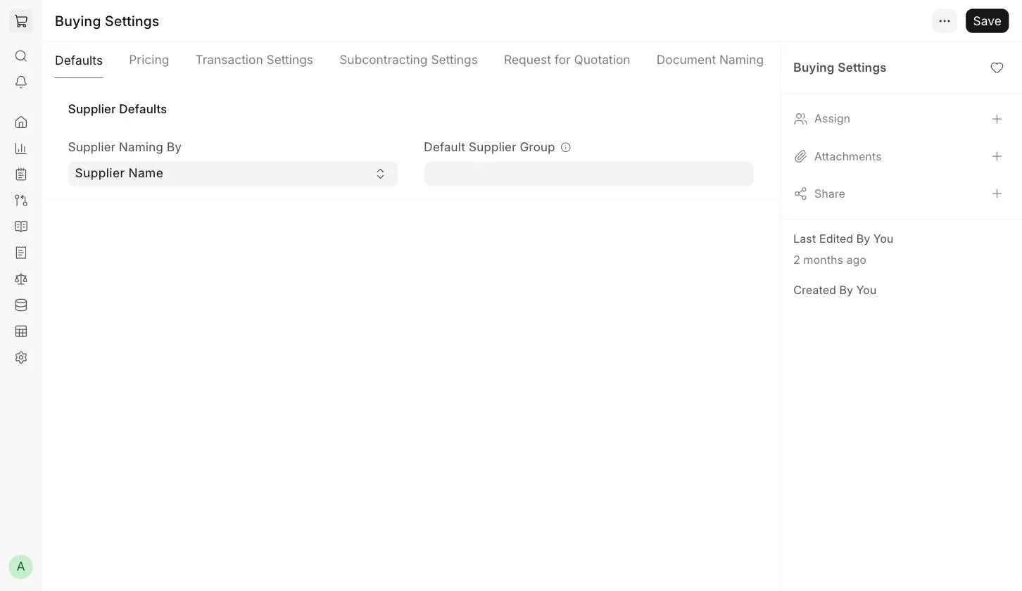 Buying Settings - Defaults tab