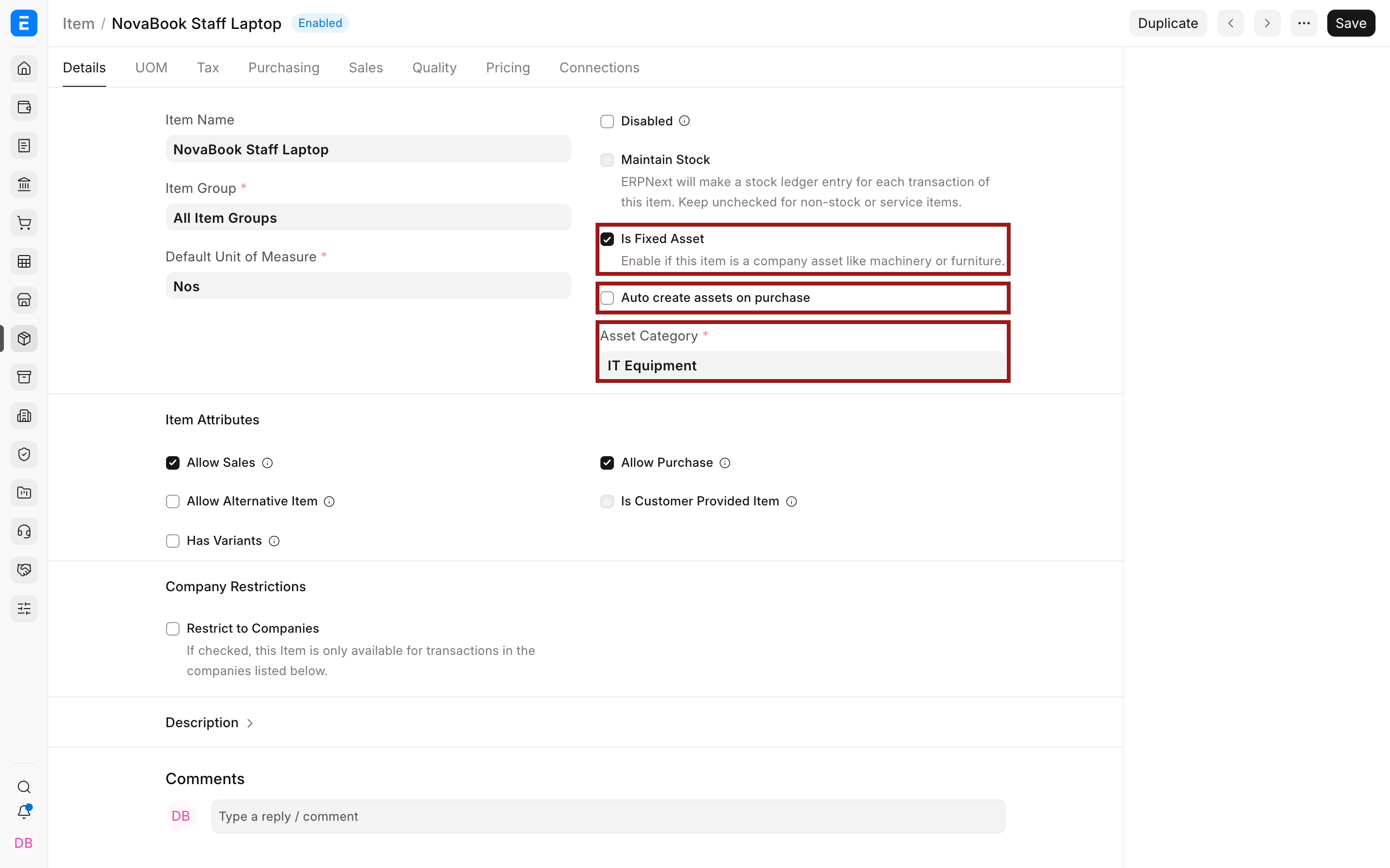 ERPNext Item marked as a fixed asset with an Asset Category