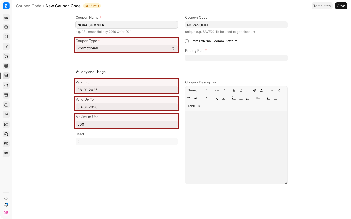 An ERPNext Coupon Code with type, Pricing Rule, dates, and usage limit.