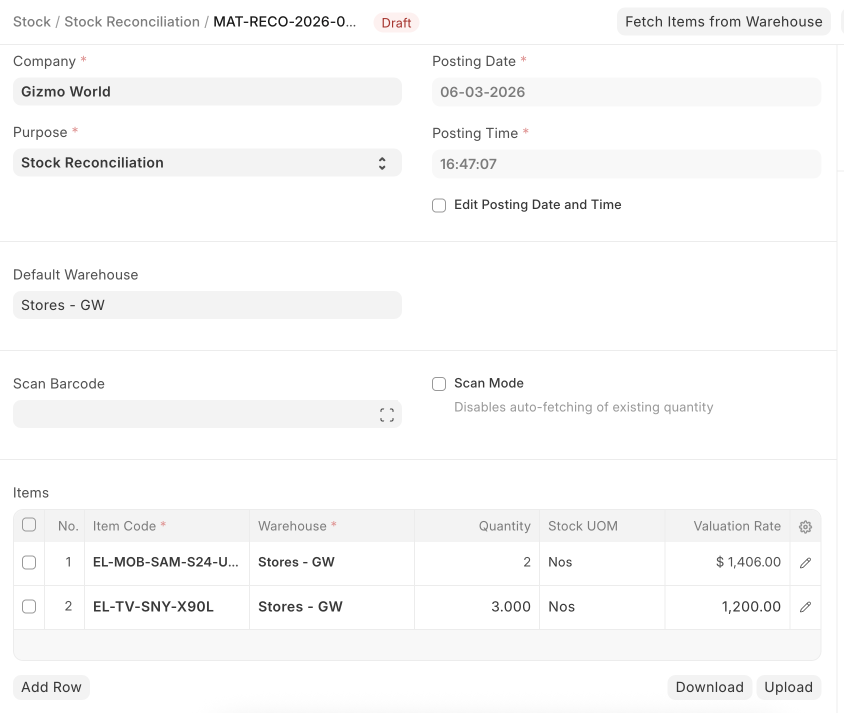 ภาพประกอบ Stock Reconciliation จาก ERPNext