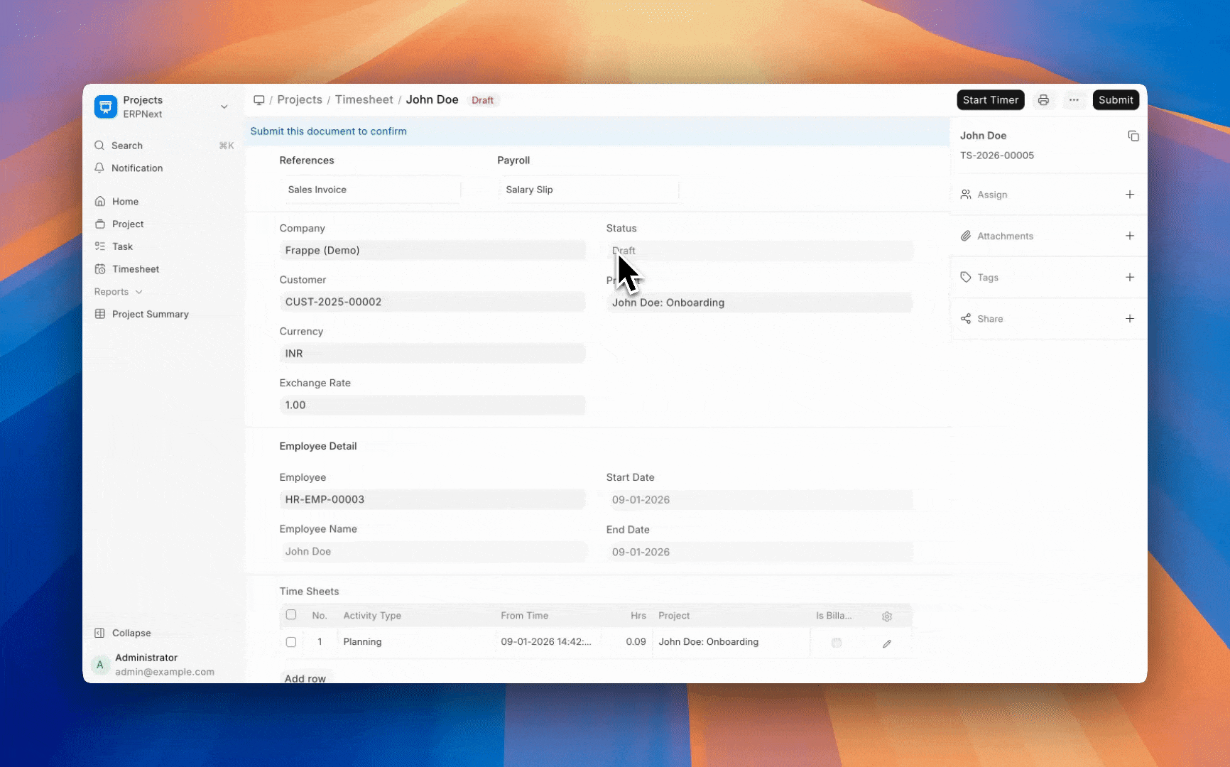 ภาพประกอบ Timesheet จาก ERPNext
