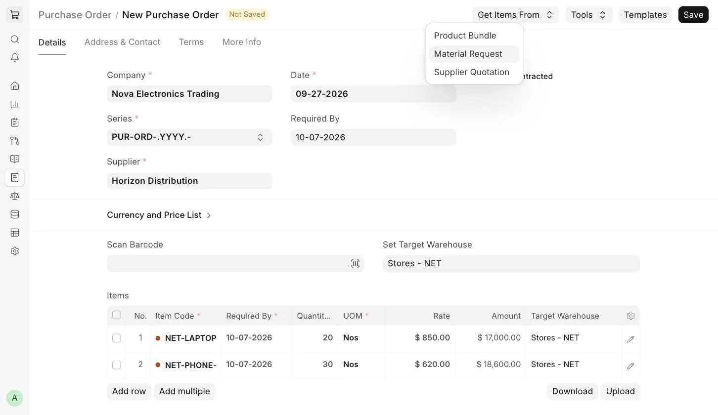 Get Items From in Purchase Order