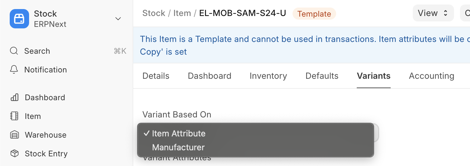 ภาพประกอบ Item Variants จาก ERPNext