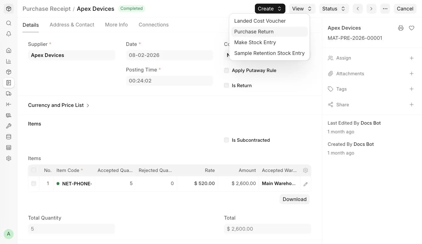 Create Purchase Return from Purchase Receipt