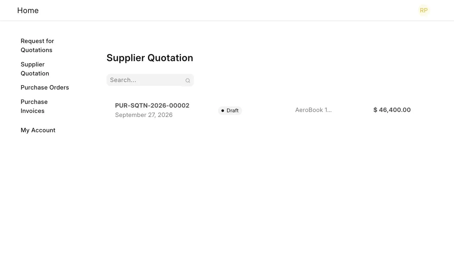 Supplier Quotation list on the portal