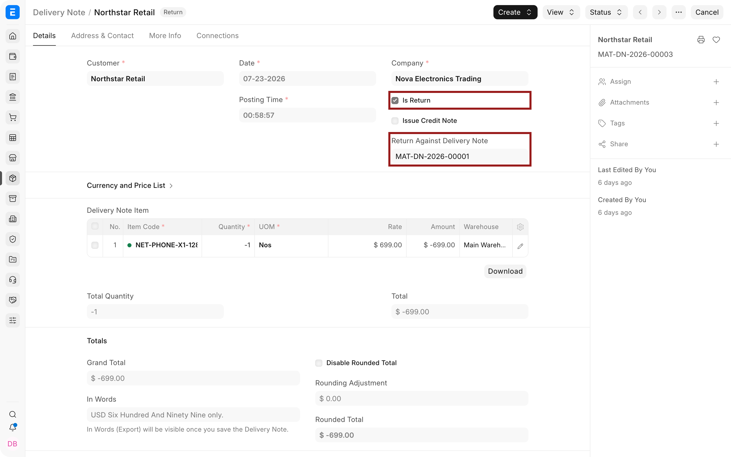 Submitted return Delivery Note linked to its original transaction.