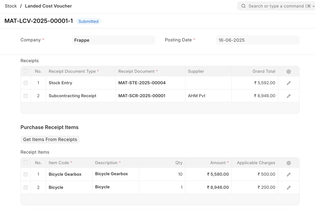 ภาพประกอบ Landed Cost Voucher จาก ERPNext