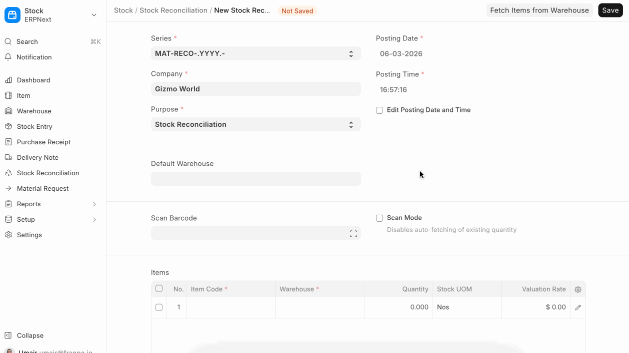 ภาพประกอบ Stock Reconciliation จาก ERPNext