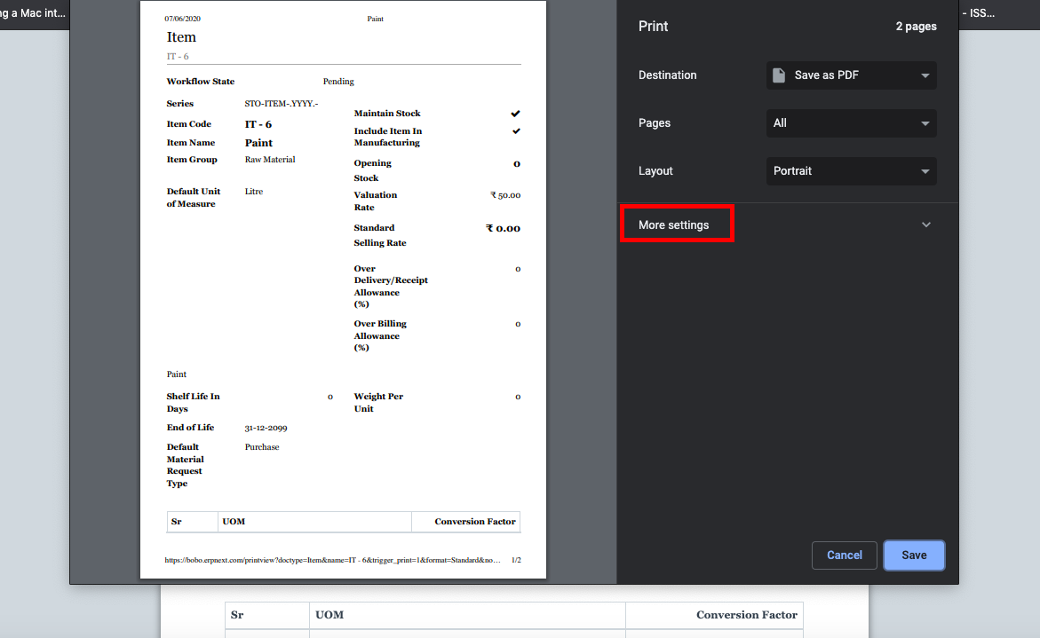 ภาพประกอบ Remove Link at the Bottom of the Print Page จาก ERPNext