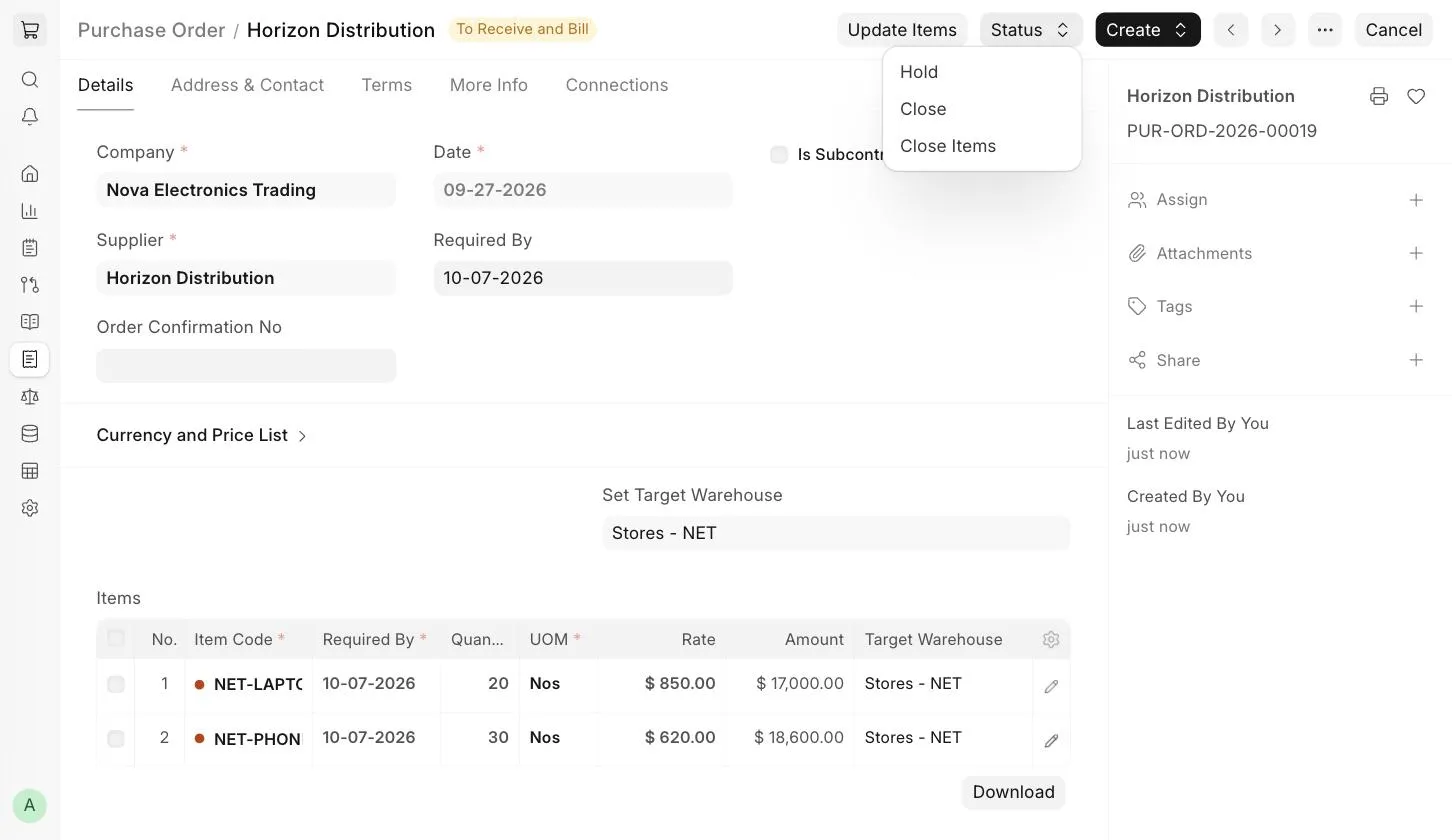 Status menu of Purchase Order