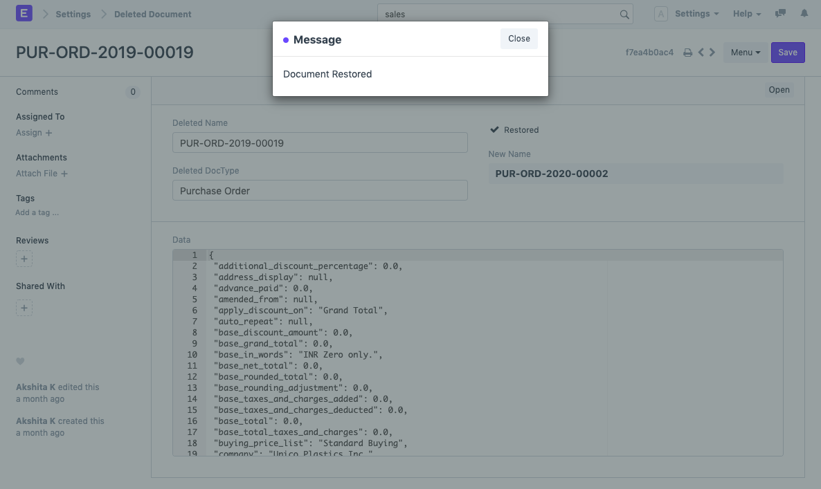 ภาพประกอบ Restore Deleted Documents จาก ERPNext