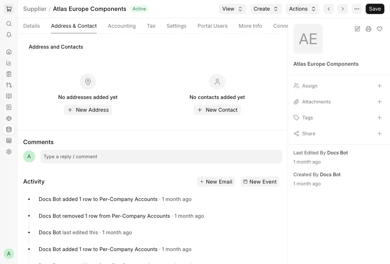 Supplier Address and Contact tab