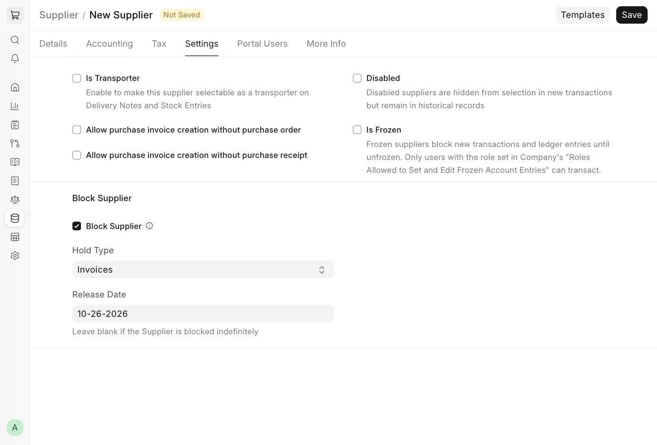 Supplier Settings tab