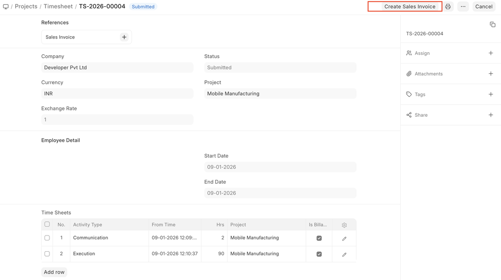 ภาพประกอบ Sales Invoice from Timesheet จาก ERPNext