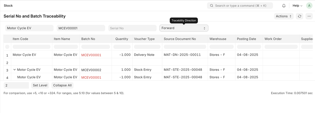 ภาพประกอบ Serial No and Batch Traceability Report จาก ERPNext