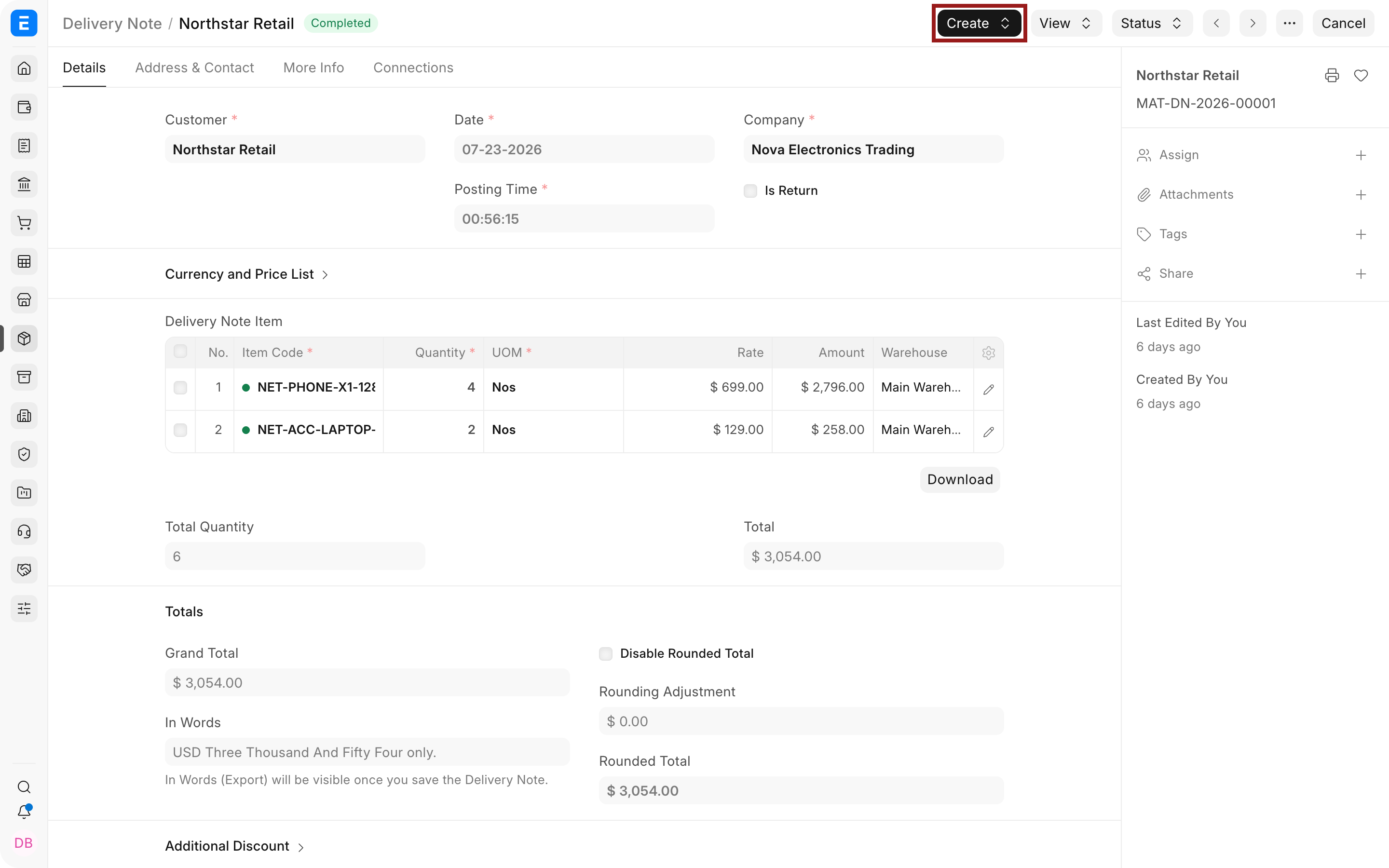 Submitted Delivery Note with the Create button highlighted.