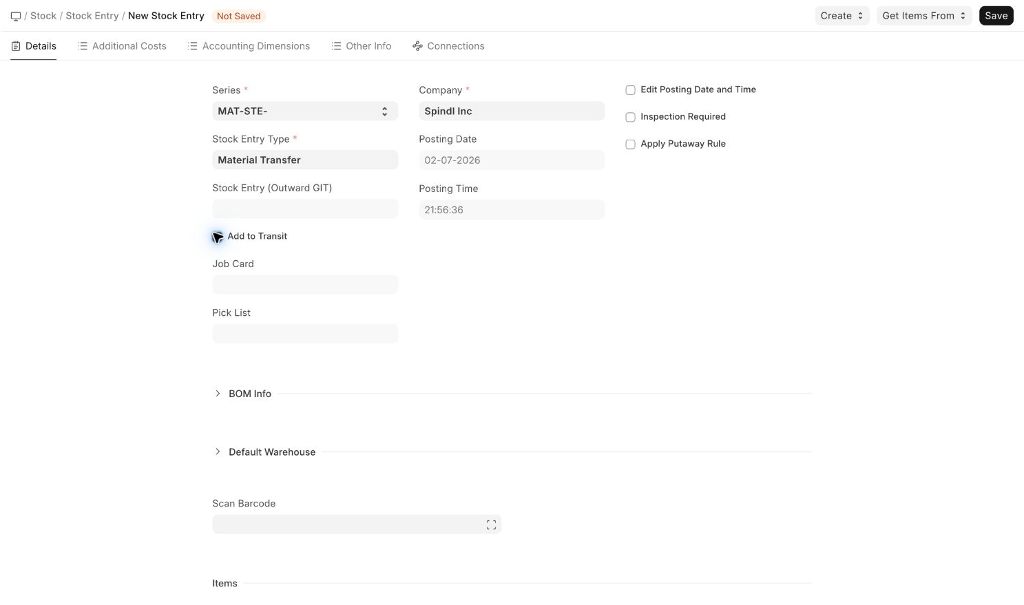 Add to Transit enabled on Material Transfer Stock Entry at 150 percent zoom without sidebar