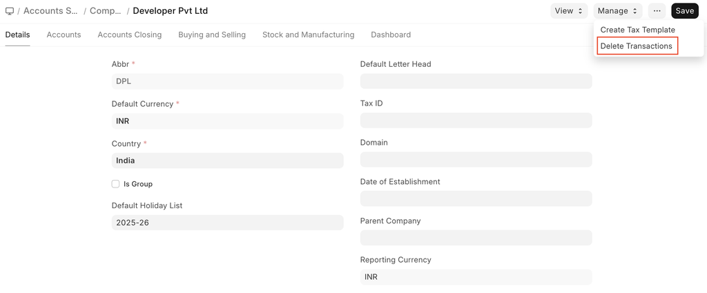ภาพประกอบ Delete Company Transactions จาก ERPNext