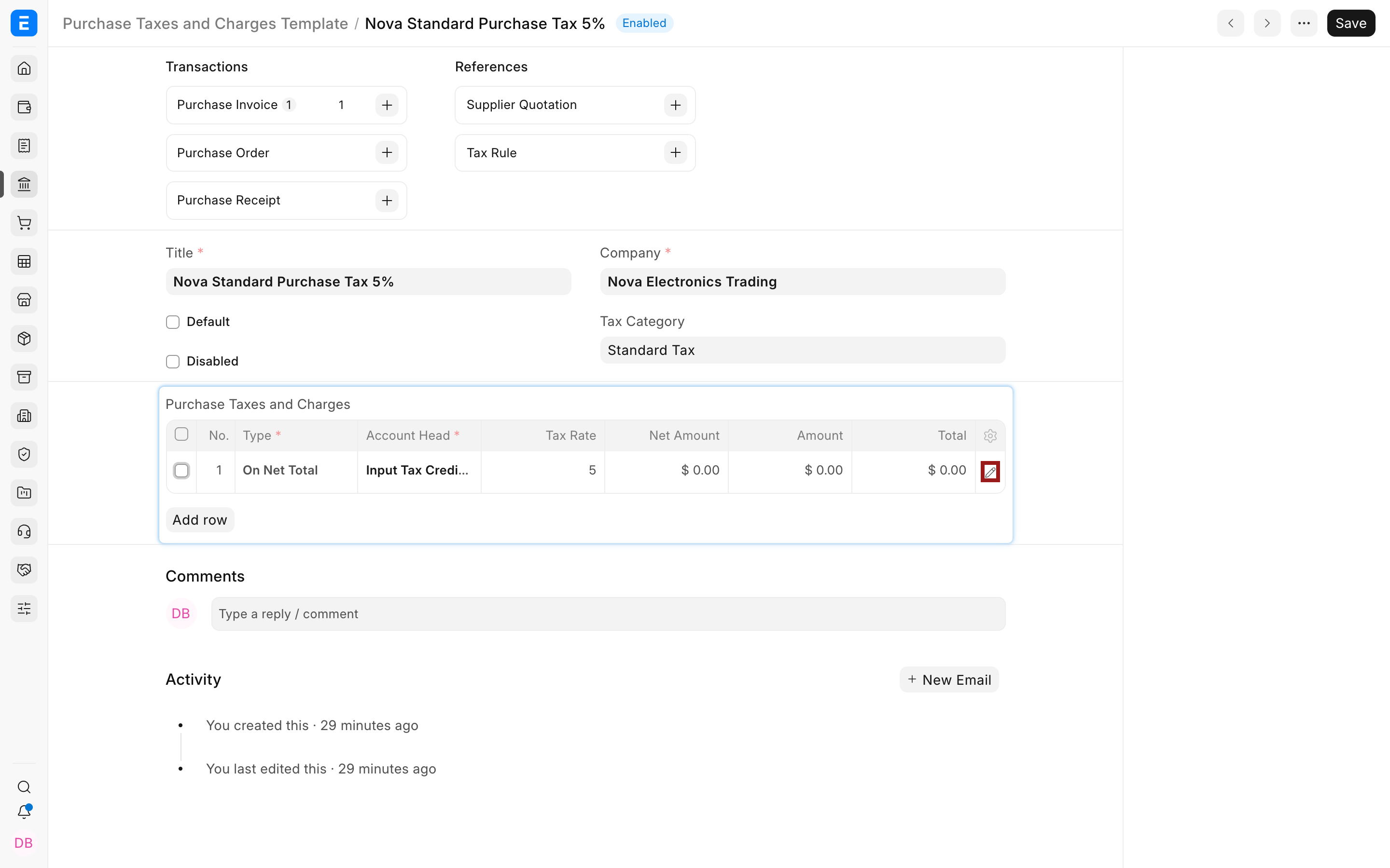 Purchase tax row with calculation and account fields