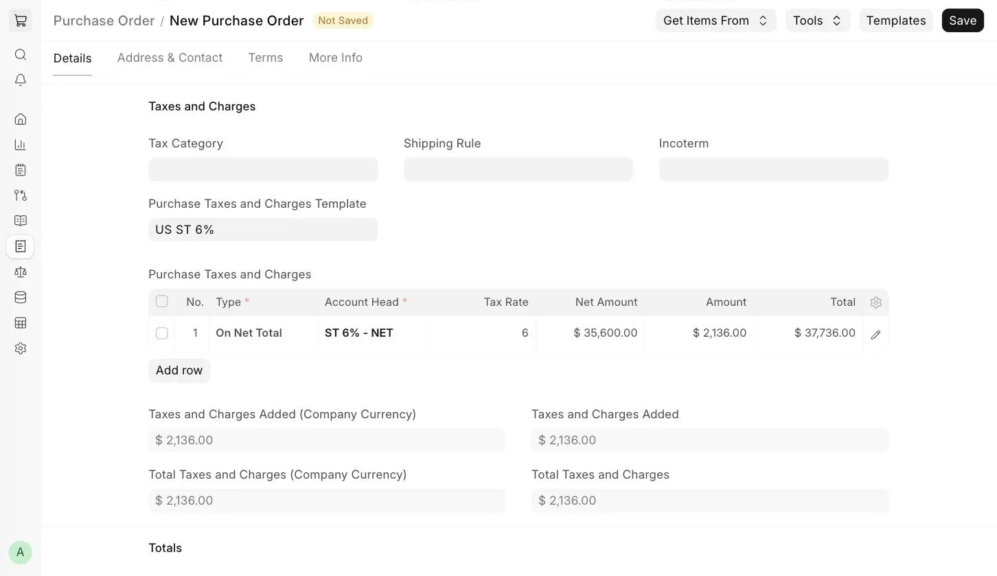 Purchase Order Taxes and Charges