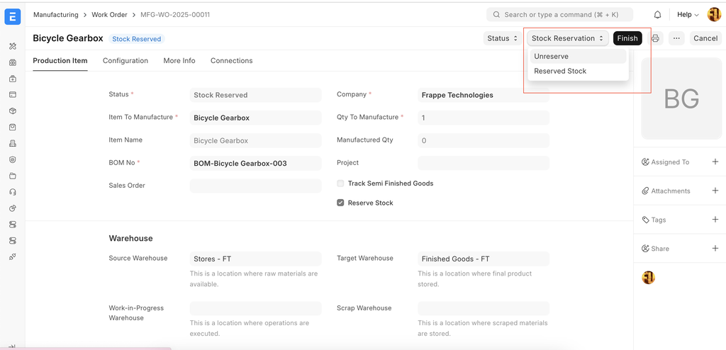 ภาพประกอบ Stock Reservation for Work Order จาก ERPNext