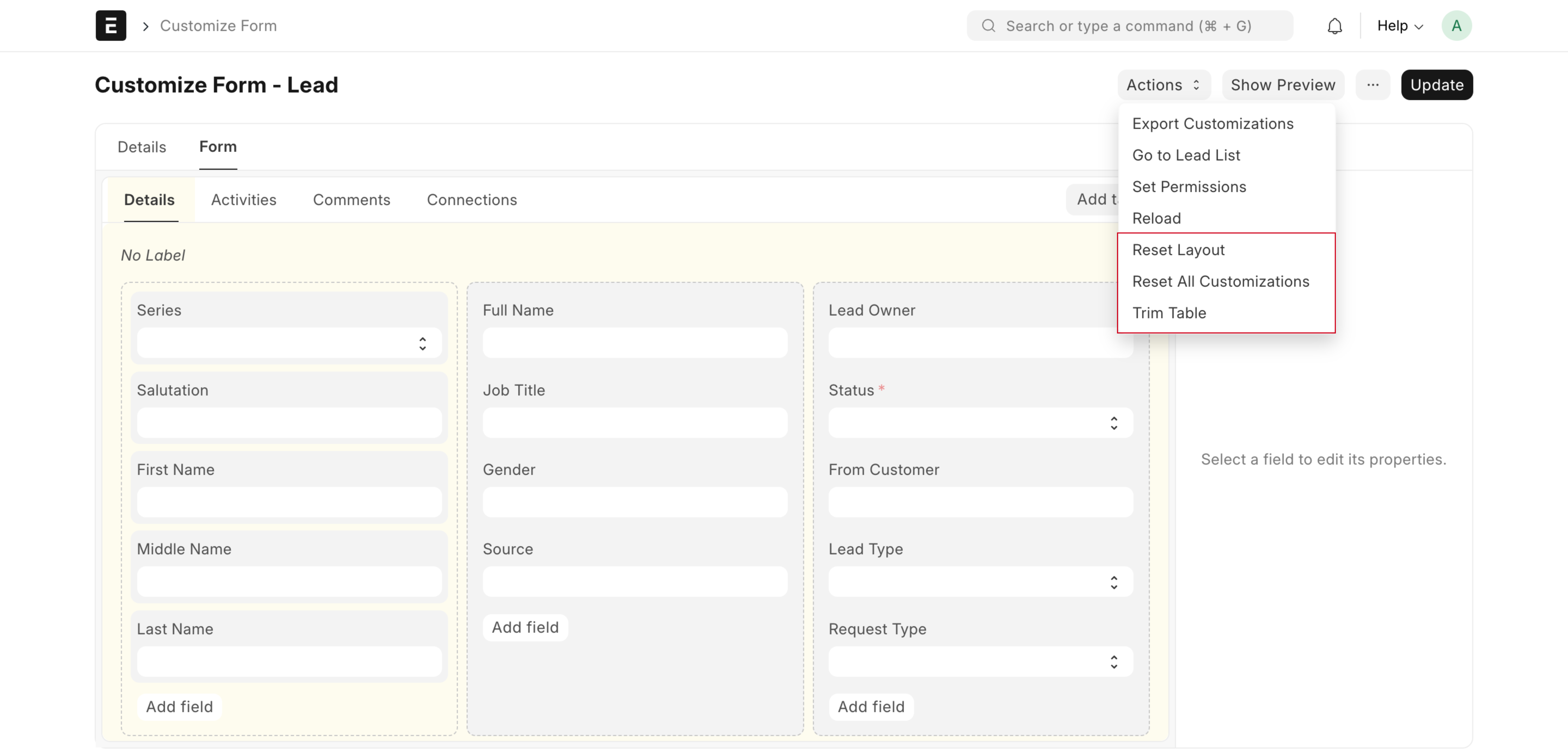 ภาพประกอบ Customize Form จาก ERPNext
