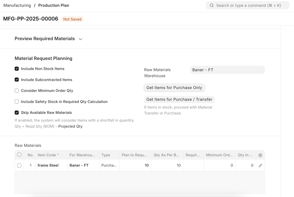 ภาพประกอบ Production Plan จาก ERPNext