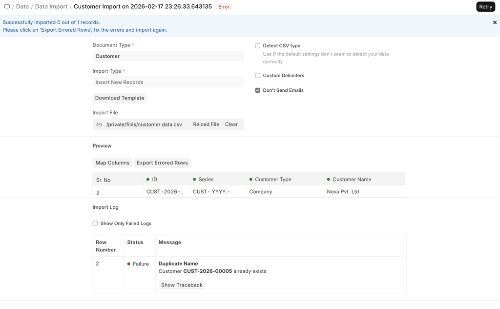 ภาพประกอบ Data Import จาก ERPNext