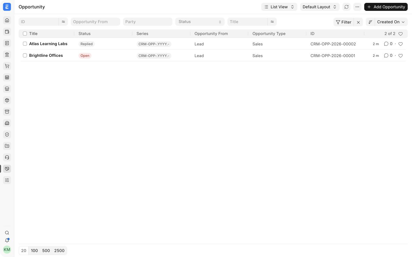 ERPNext Opportunity list with realistic demo opportunities and their current statuses