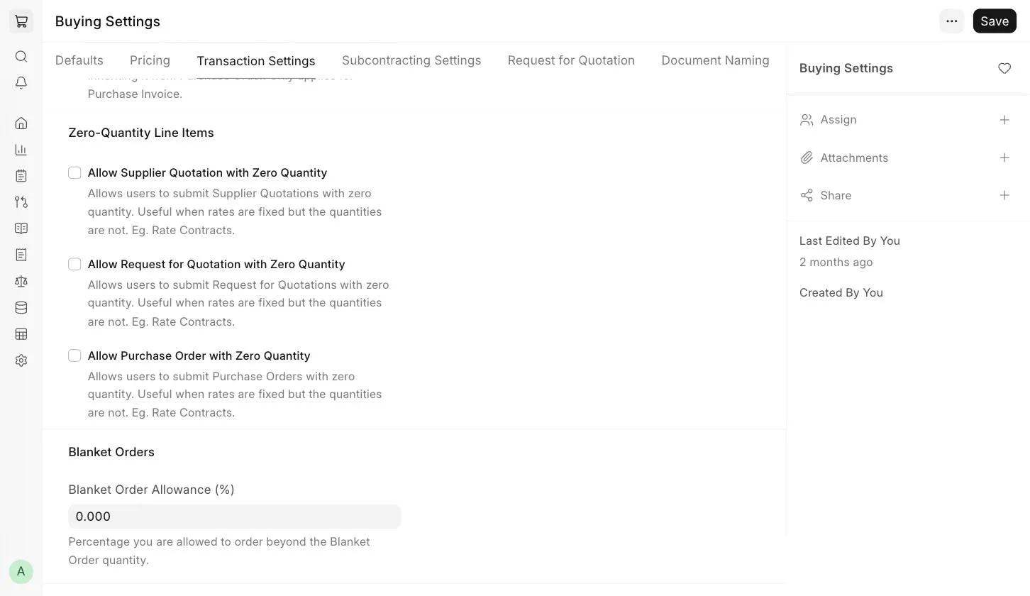 Buying Settings - Zero-Quantity Line Items and Blanket Orders