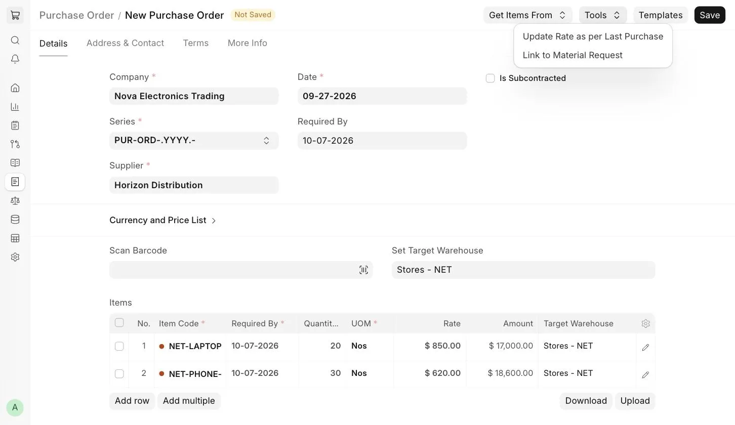 Tools menu in Purchase Order