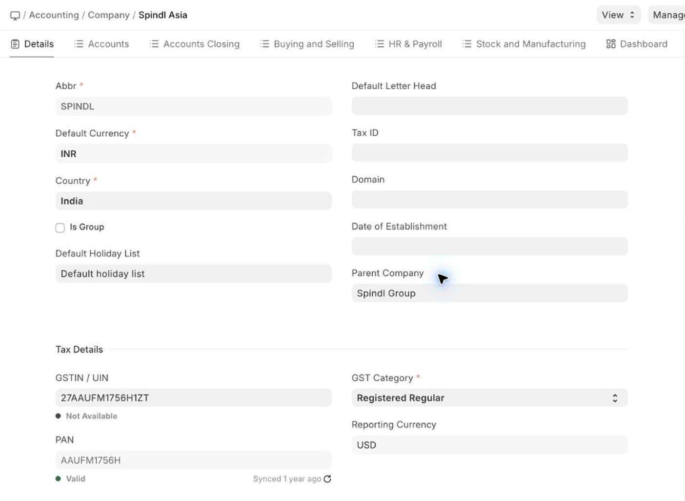 Company record in ERPNext
