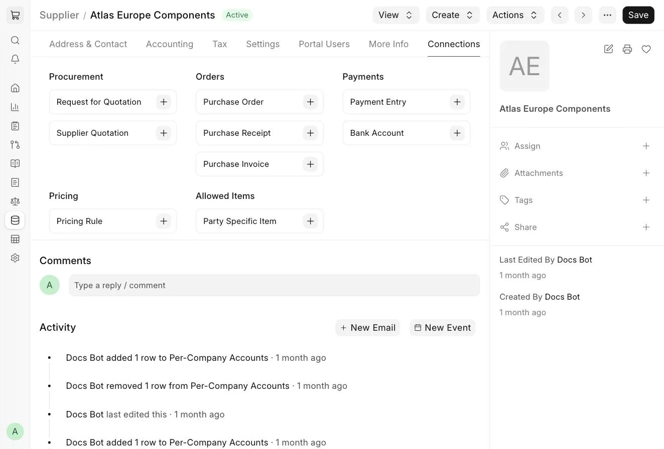 Supplier Connections tab