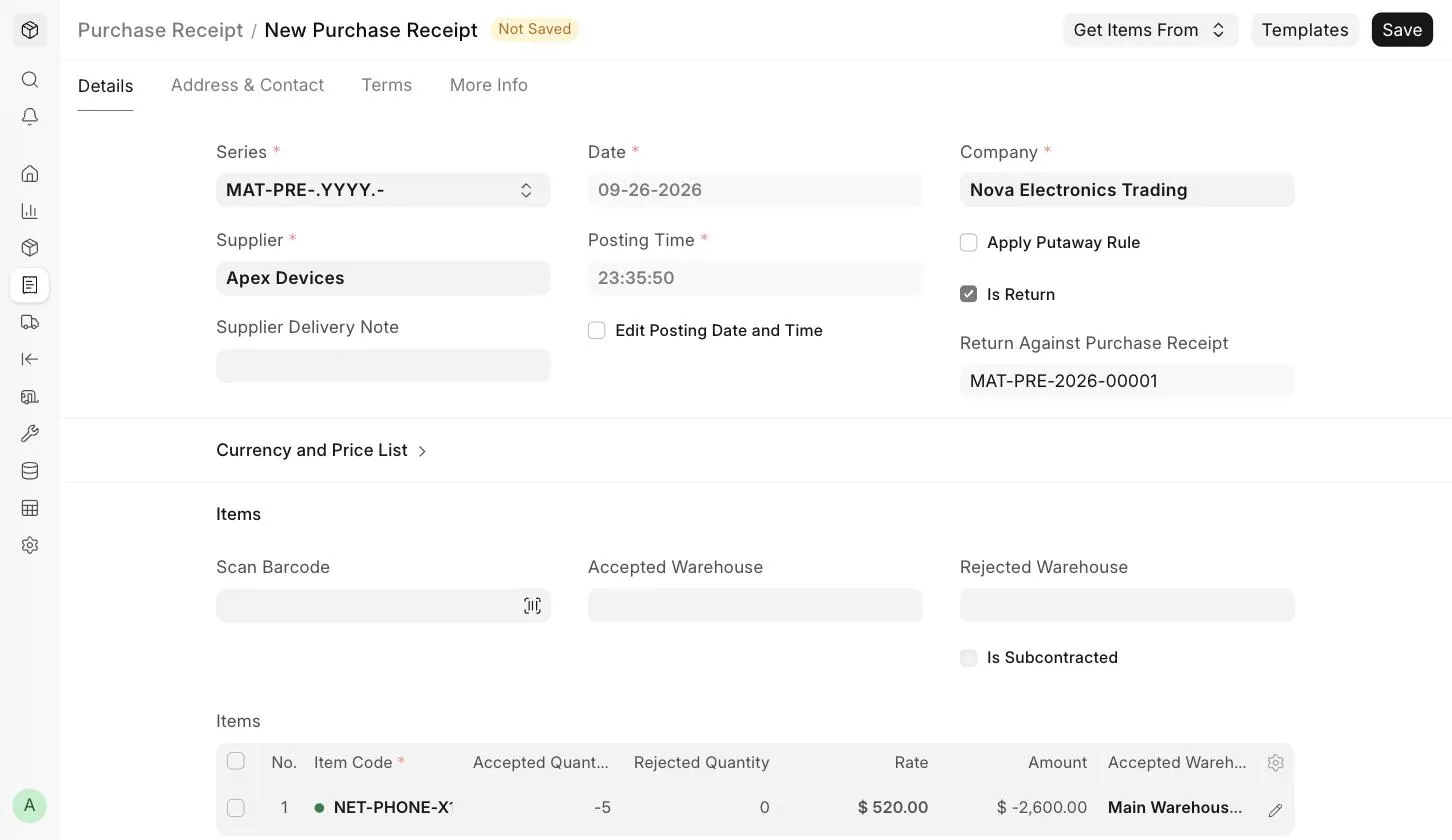 Purchase Return form