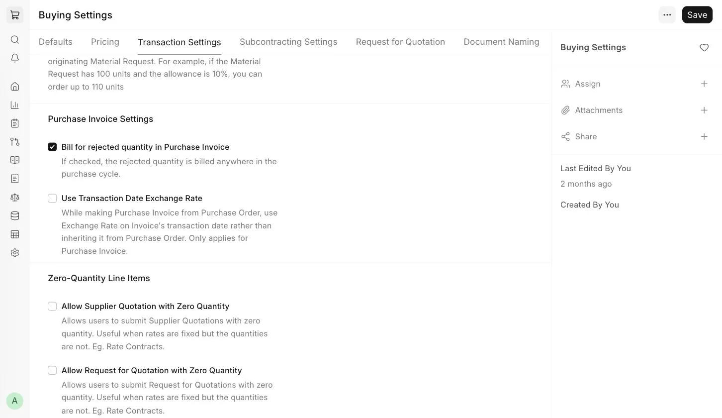 Buying Settings - Purchase Invoice Settings