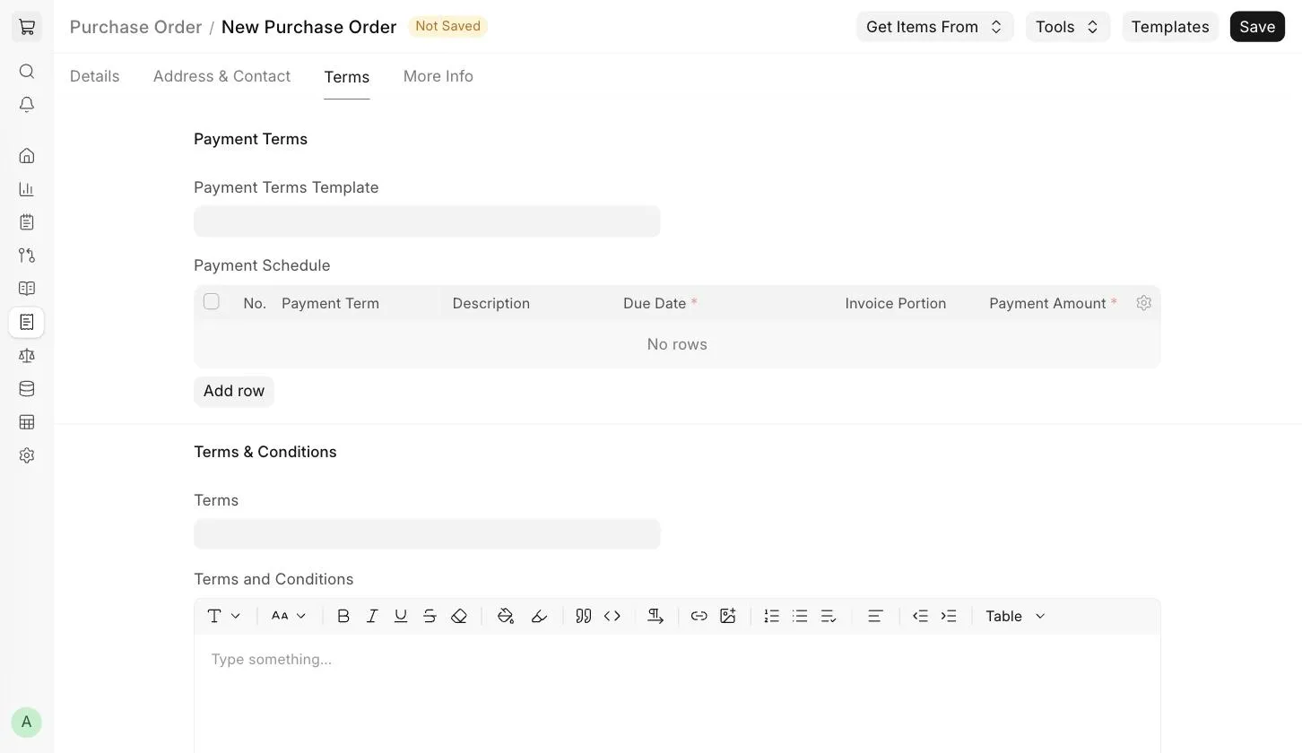 Purchase Order Terms tab