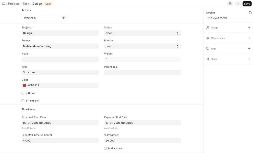 ภาพประกอบ Tasks จาก ERPNext