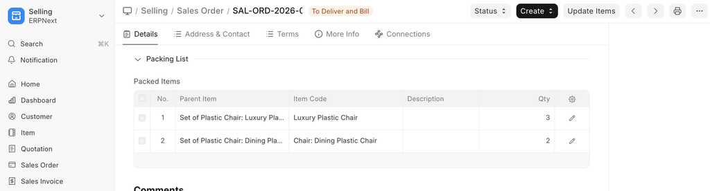 Packing List generated from a Product Bundle in a Sales Order.
