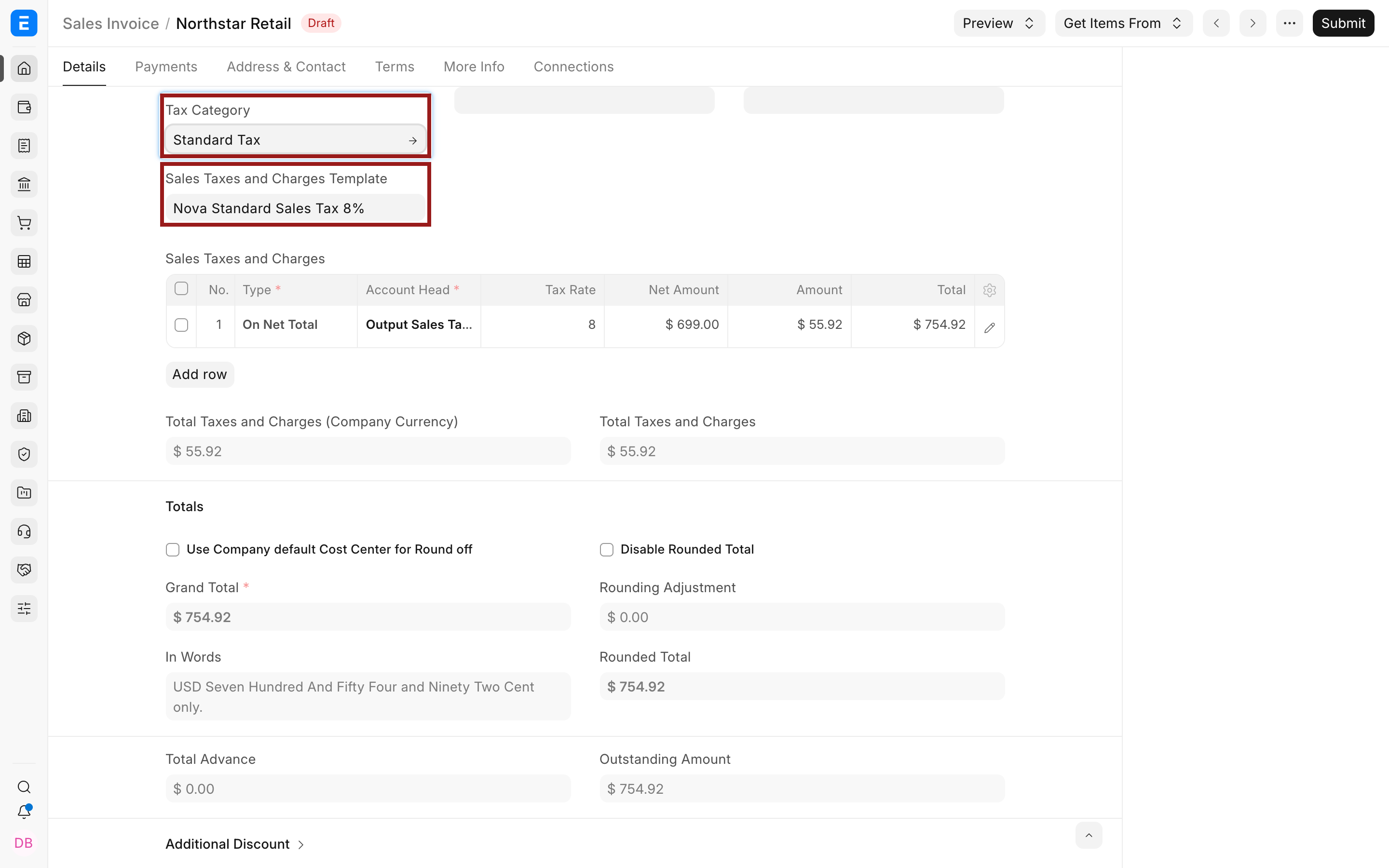 Tax Category and selected sales tax template on a Sales Invoice