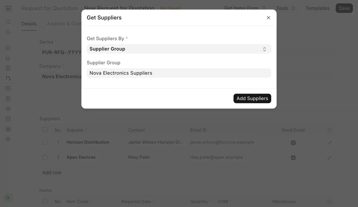 Get Suppliers dialog