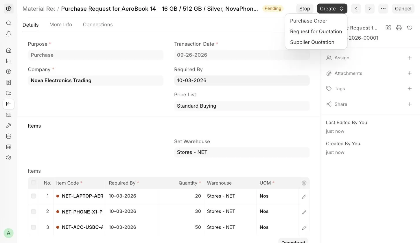 Material Request Create menu
