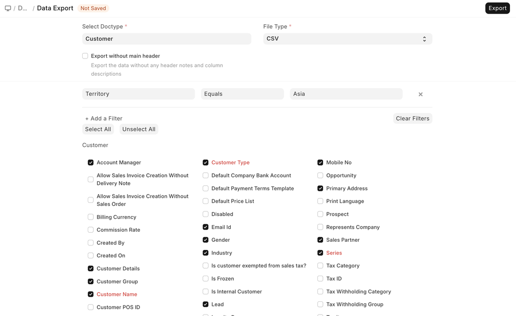 ภาพประกอบ Data Export จาก ERPNext