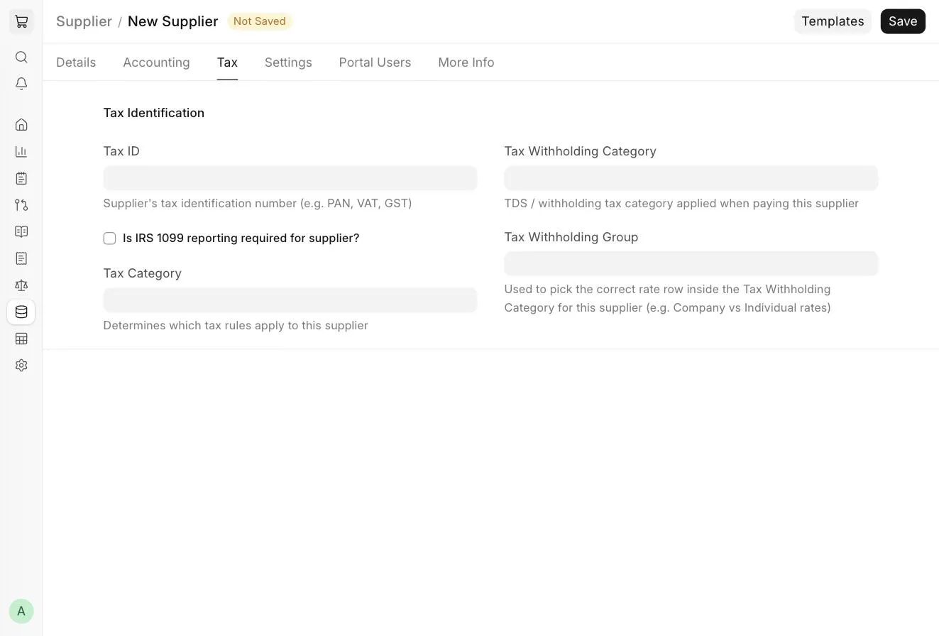 Supplier Tax tab