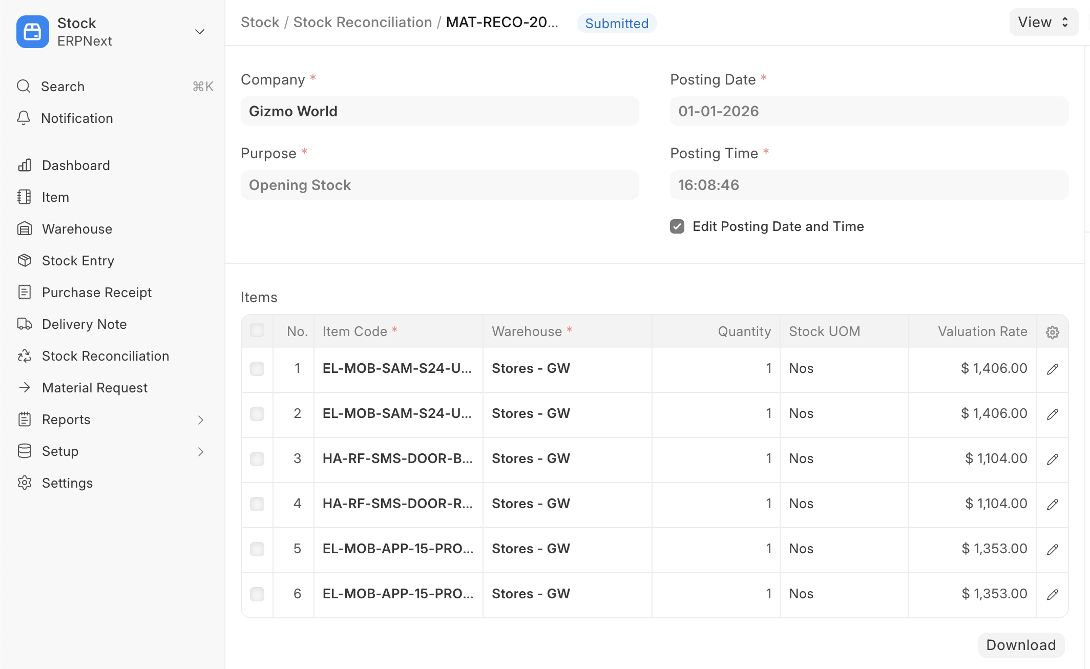 ภาพประกอบ Stock Reconciliation จาก ERPNext