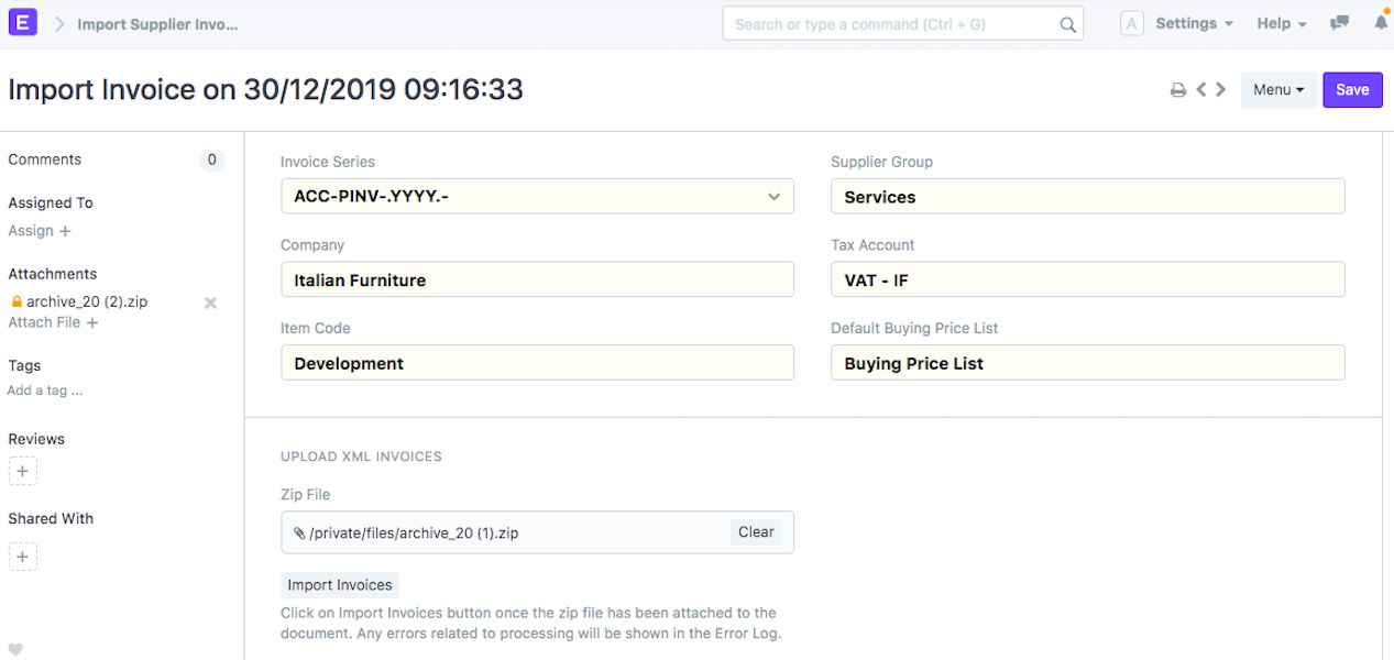 ภาพประกอบ Importing e-Invoice from Supplier จาก ERPNext