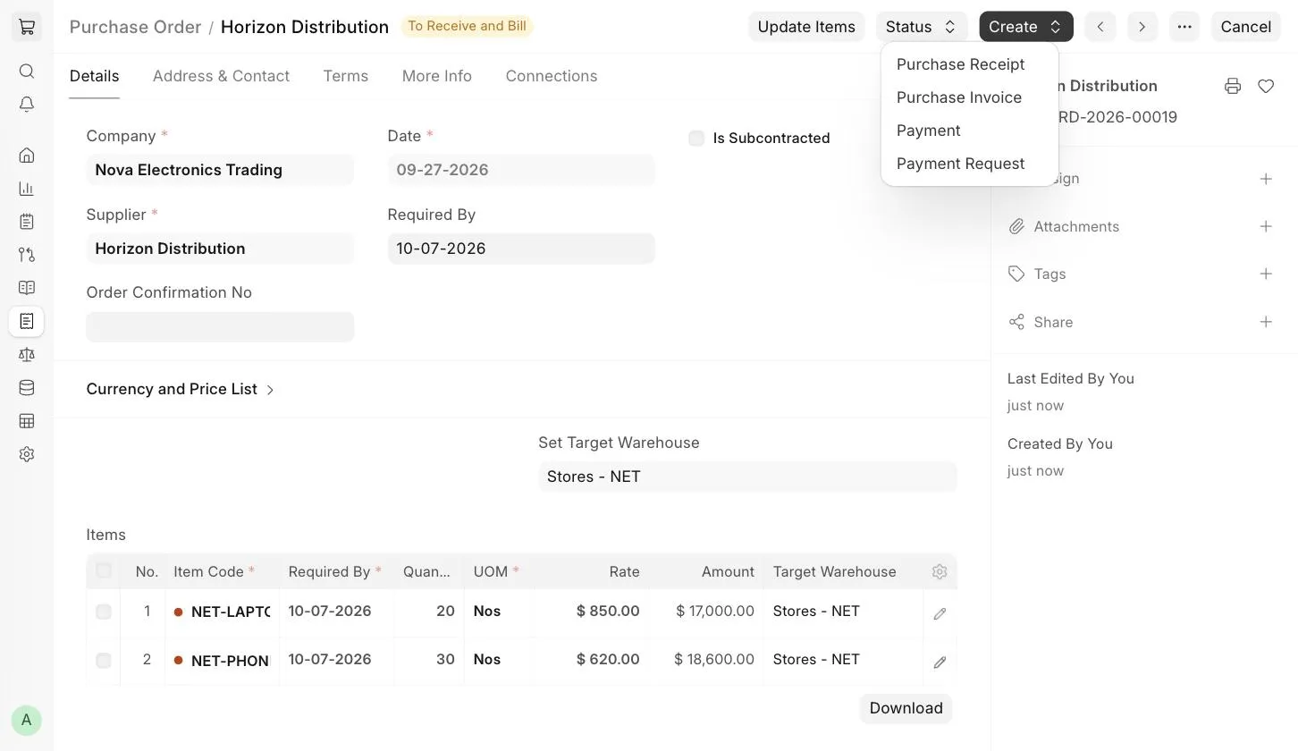 Create menu of Purchase Order