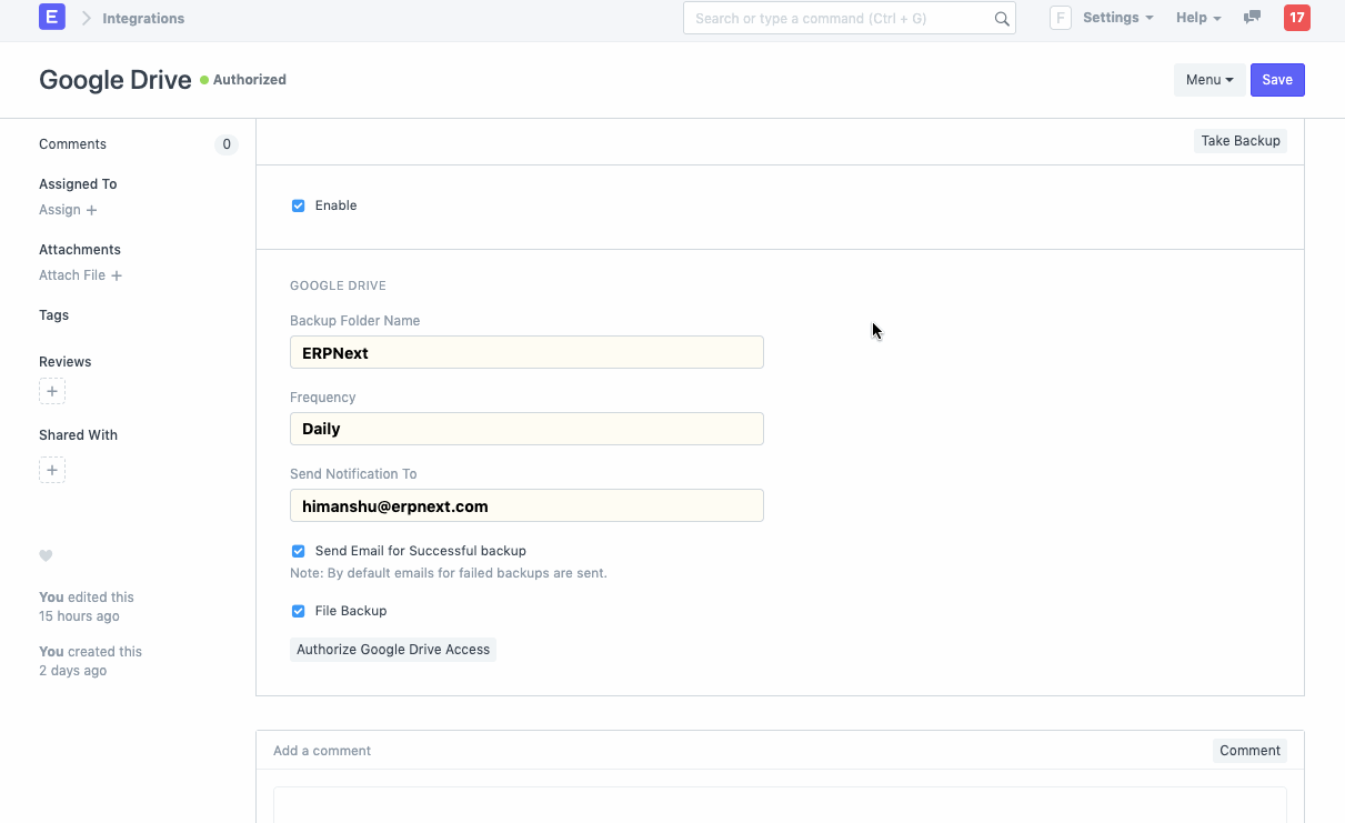 ภาพประกอบ Google Drive Integration จาก ERPNext