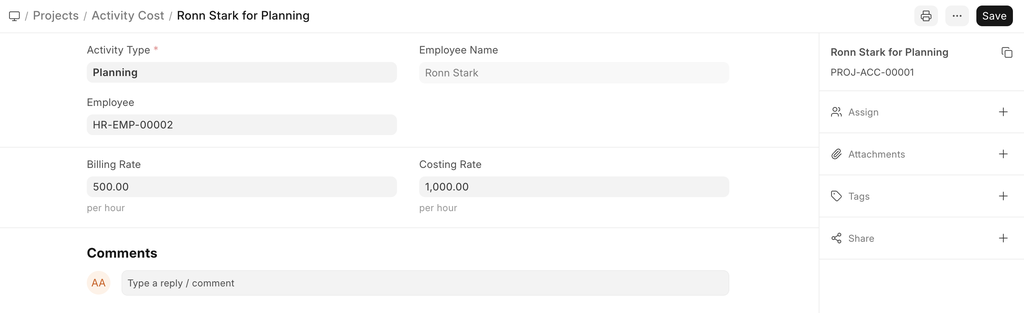 ภาพประกอบ Activity Cost จาก ERPNext