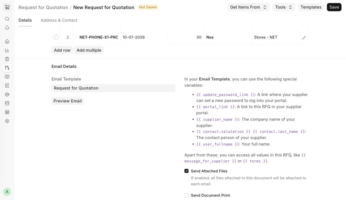 Request for Quotation Email Details